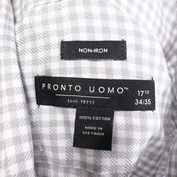 PRONTO UOMO NON-IRON GREY WHITE CHECK BUTTON UP DRESS SHIRT MENS 17.5 34/35 - Picture 6 of 6